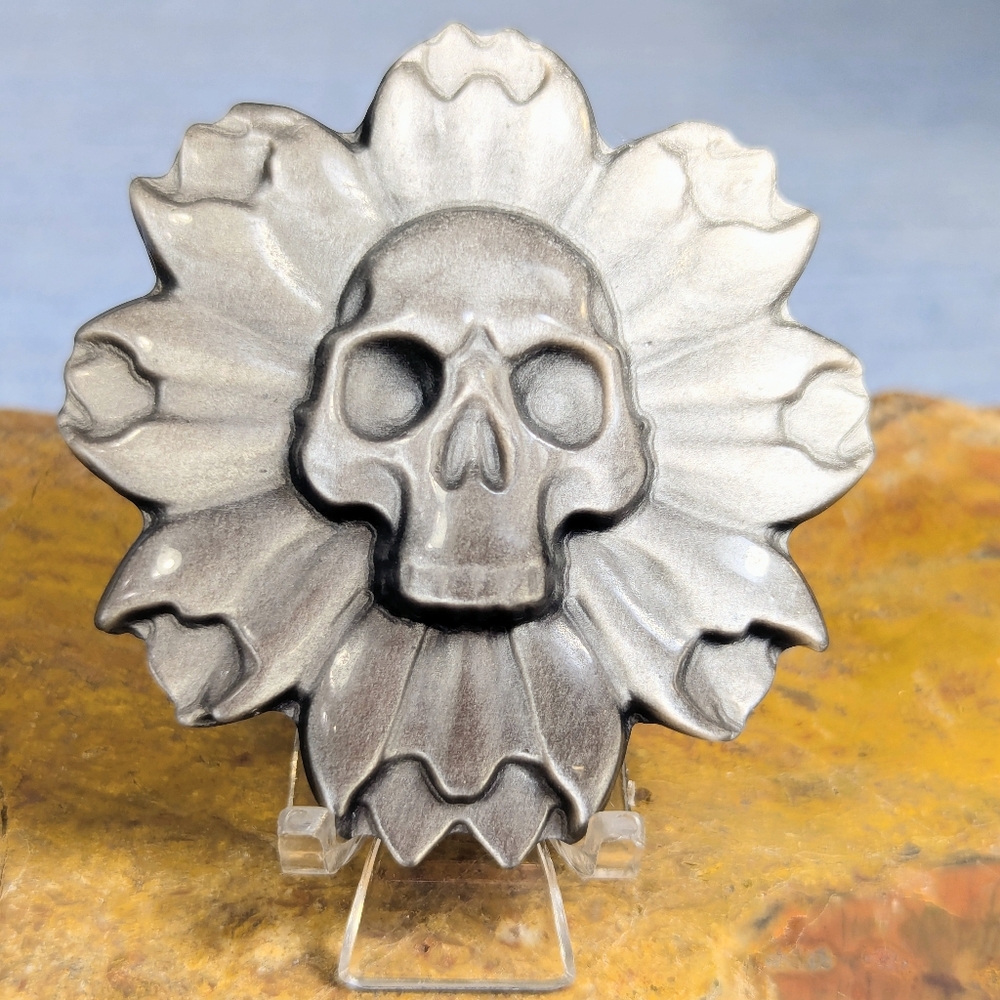 Flower Skull Carving- Silver Obsidian 2.6 Inches - Choice Of One
